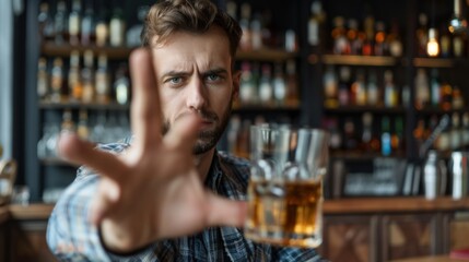 man refuses say no and avoid to drink an alcohol whiskey , stopping hand sign male, alcoholism treatment, alcohol addiction, quit booze, Stop Drinking Alcohol. Refuse Glass liquor, unhealthy, reject