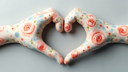 A pair of hands making a heart shape with flowers on them.