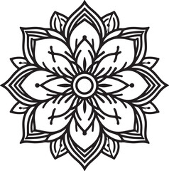 Elegant Mandala Line Art, Symmetrical Black and White Floral Vector Design, silhouette vector style with white background, Simple Floral Mandala Design Template