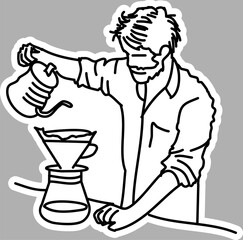 Hand-Drawn Barista Pouring Coffee, Black and White Sketch