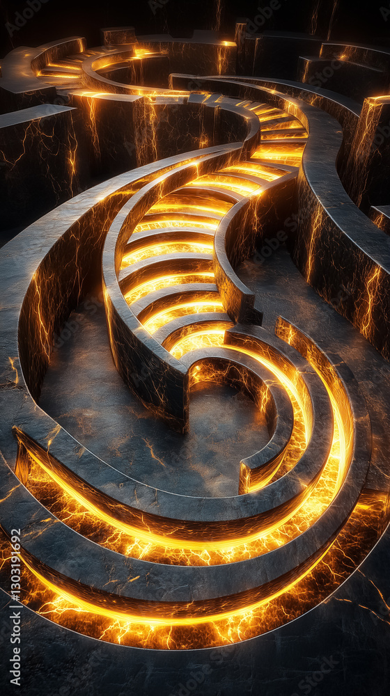 Poster intricate pathways weave through a mesmerizing labyrinth, where glowing edges illuminate the dark, c