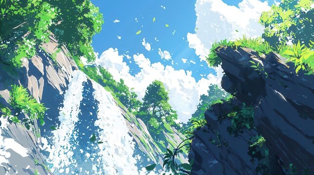 Serene Waterfall Cascading Down Rocky Cliffs Amidst Lush Greenery Under a Sunny Sky