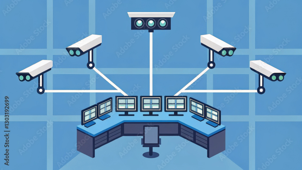 Poster network of security cameras connected to central monitoring station, showcasing modern surveillance 