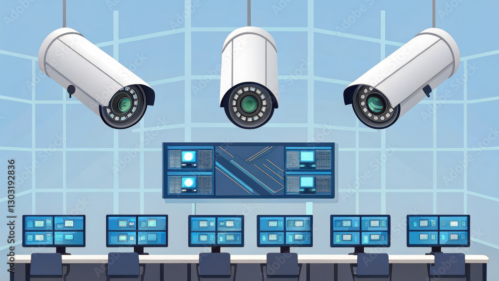 Poster surveillance cameras monitor control room with multiple screens, ensuring security and safety. setup