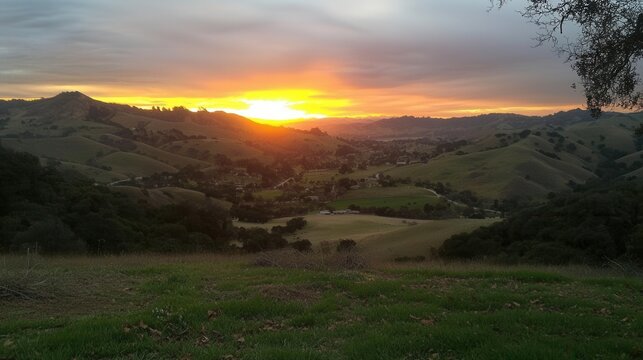 Golden Sunset Over Rolling Hills and Valley