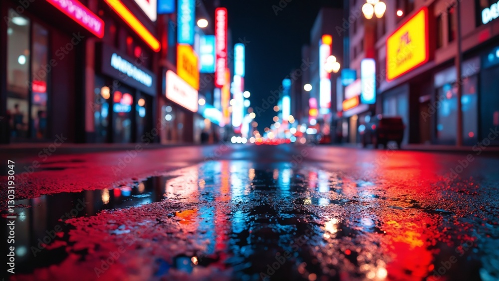 Poster night view of the city, empty background scene dark street reflection on wet asphalt rays of colorfu