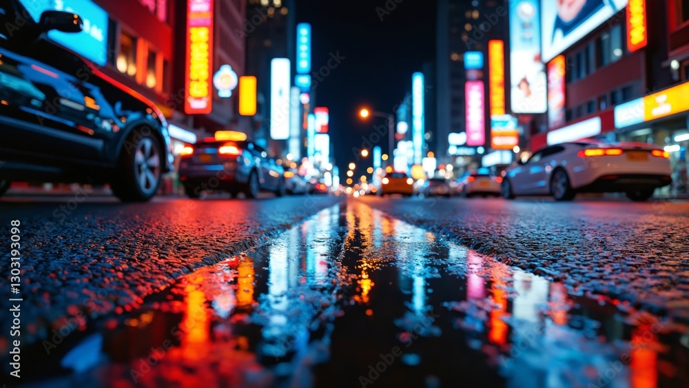 Poster night view of the city, empty background scene dark street reflection on wet asphalt rays of colorfu