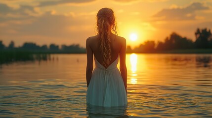 Fototapeta premium baptism young woman in a long white dress standing in a lake at sunset