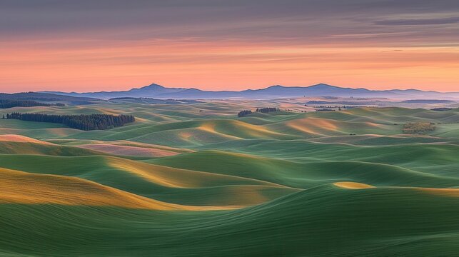 Serene Sunrise Over Rolling Green Hills and Distant Mountains