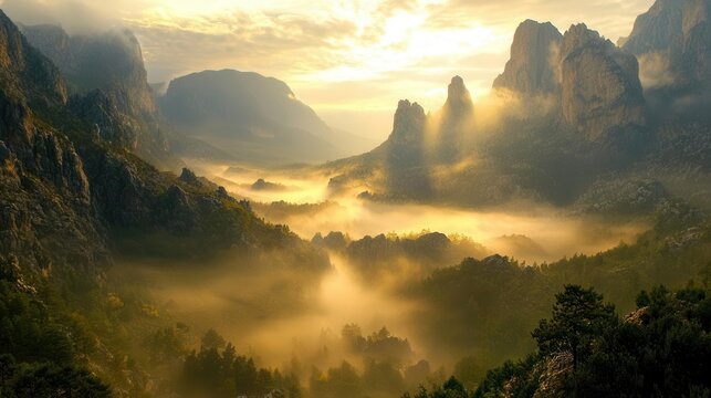Majestic Mountain Valley Sunrise with Misty Clouds