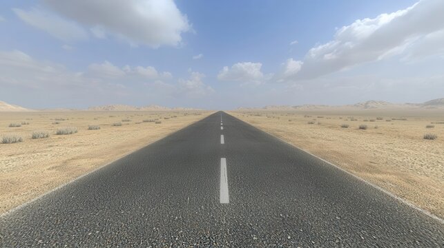 Asphalt Road Cutting Through a Desert Landscape Under a Blue Sky with Clouds
