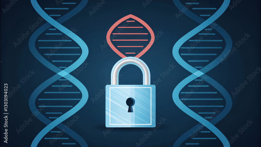 Poster padlock icon overlaying digital double helix symbolizes security in genetic data. this conveys impor
