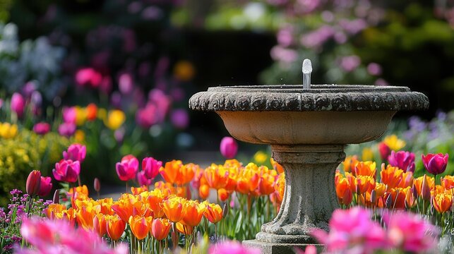 Serene Garden Fountain with Vibrant Tulips in Bloom