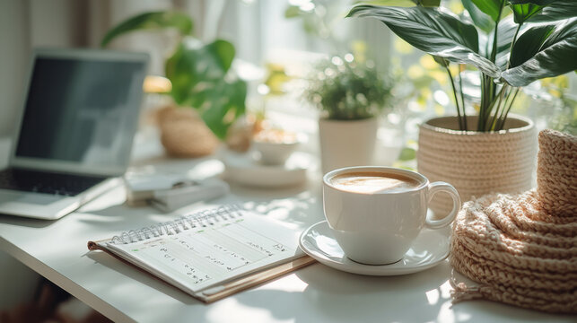 Morning coffee with plants and a notebook in a cozy workspace