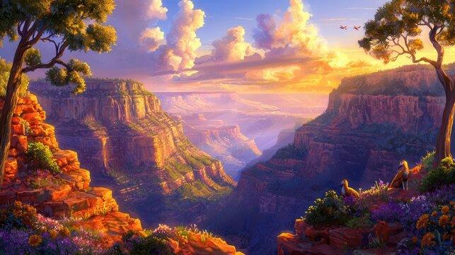 Majestic Sunset over a Grand Canyon Landscape with Birds