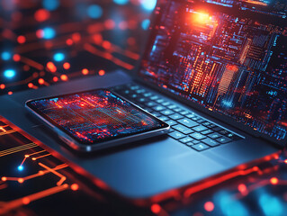 Smartphone, laptop, and AI-powered digital network for fintech and bitcoin