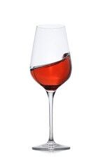 Rose wine splashing in glass on white background