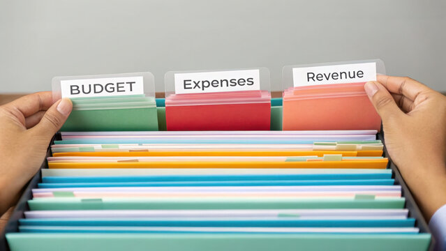 Organizing financial documents with labeled folders for budget, expenses, and revenue. This captures importance of meticulous record keeping in financial management