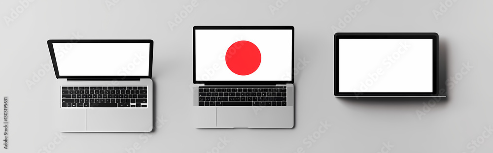 Poster global connectivity: modern laptops showcasing the flag of japan, symbolizing digital access and int
