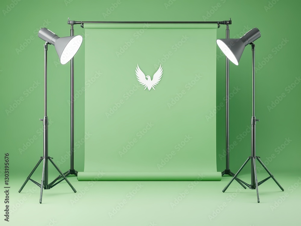 Poster studio setup with green backdrop and lighting for photography session