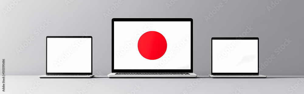 Poster technology and national identity: three laptops stand in a row, the central screen displaying the ic
