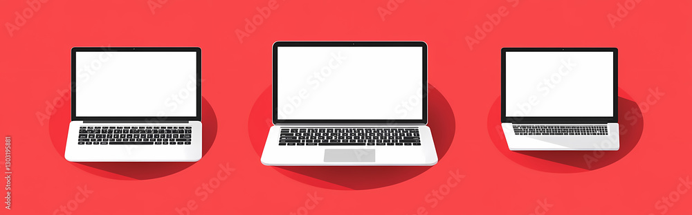 Poster tech trio: three sleek laptops with blank screens, perfectly arranged against a bold red backdrop, e