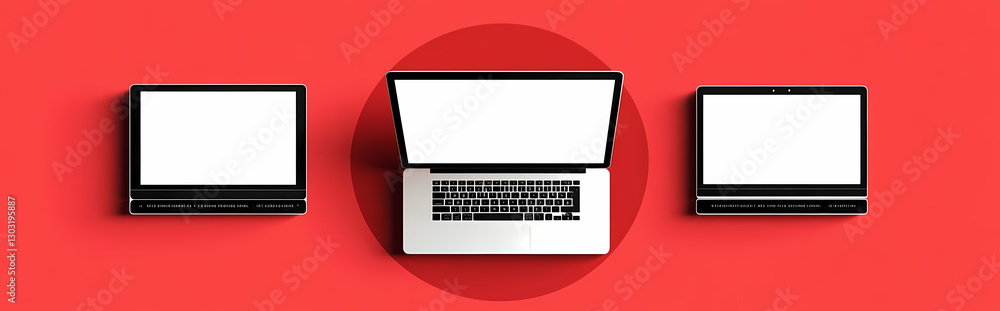Poster tech trio: three devices are showcased on a red surface, suggesting a modern tech setup or a display