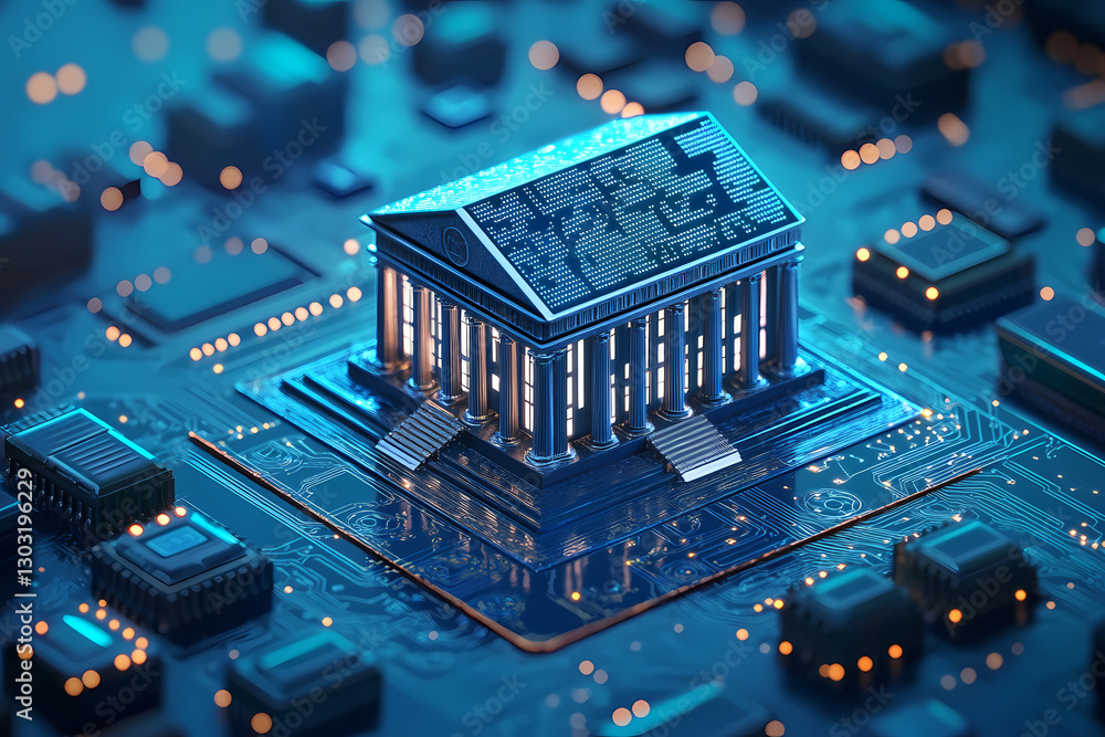 Poster digital banking fortress: conceptual depiction of a classical building model integrated into a futur