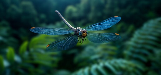Azure Dragonfly Soaring Through Lush Forest