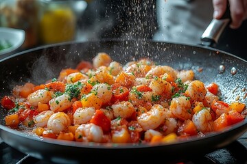 Fresh shrimp stir-fried with colorful vegetables in a sizzling pan at a busy kitchen in the evening