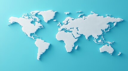 Fototapeta premium 3D white world map placed against a light blue background showcasing global geography and geography education