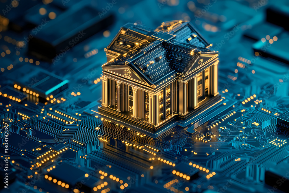 Poster digital fortress: a gleaming building model sits atop a complex circuit board, symbolizing the inter