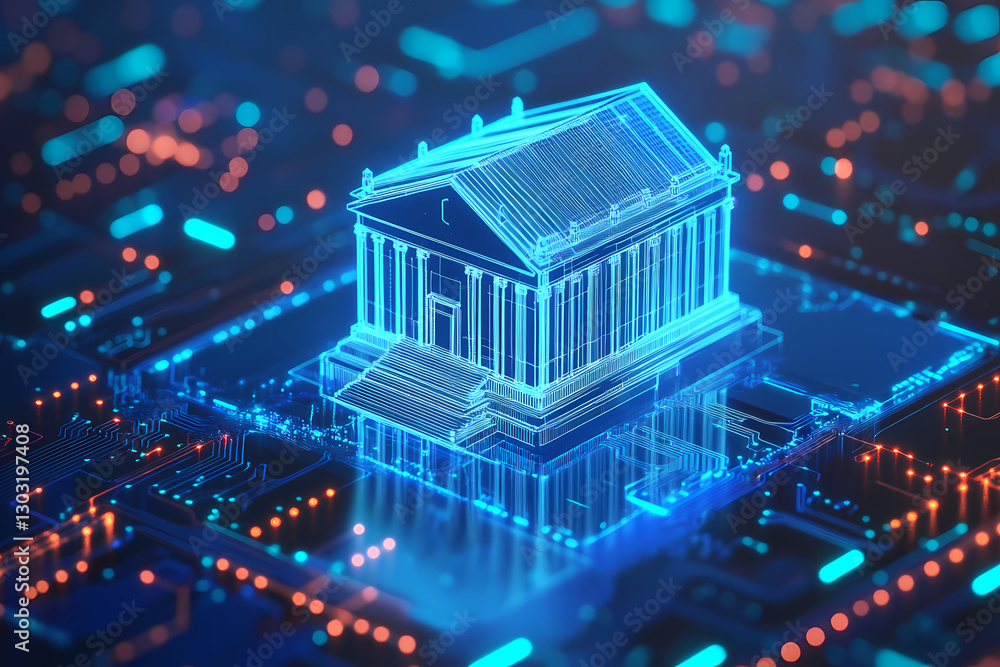 Poster digital fortress: an illuminated architectural model of a classical building superimposed on a circu