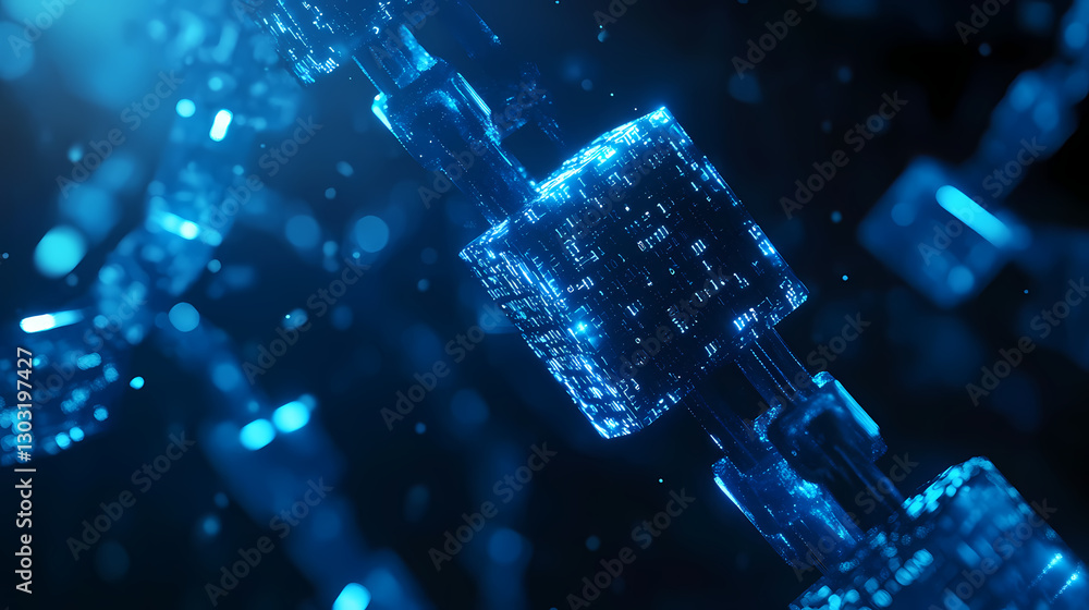 Poster blockchain technology concept: a futuristic illustration of a blockchain network, with glowing, inte