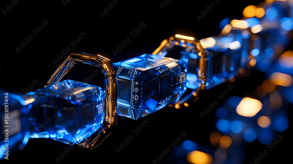 Poster digital chain: an interconnected digital chain made up of glowing blue and golden blocks, symbolizin