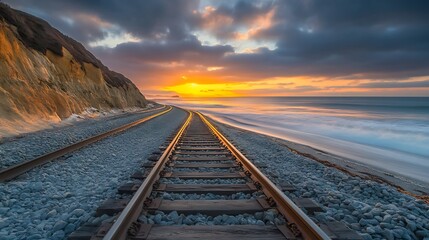 Coastal Tracks Sunset Rail View by Ocean