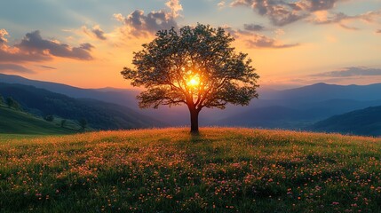 beautiful sunset in the mountains landscape with green meadow and lonely tree
