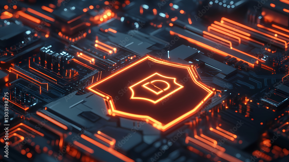 Poster cyber shield: the illuminated shield with digital data on a circuit board, symbolizing network prote