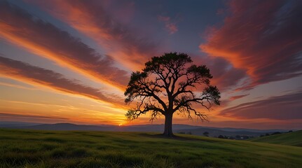 A solitary tree on a hill under a colorful sunset sky, symbolizing peace and nature's beauty in a serene landscape. Peace - River. generative.ai