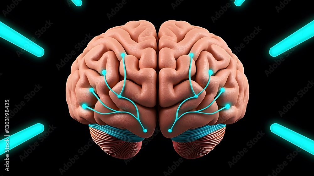 Aufkleber the image shows a 3d model of a human brain with highlighted neural pathways emitting a bright cyan 