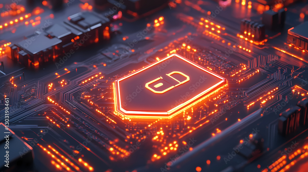 Poster cybersecurity: illuminated shield-shaped padlock symbol on a detailed computer chip, signifying digi