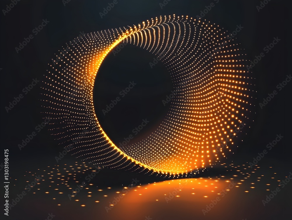 Poster glowing circular pattern with repeating dots radiating in golden hues on black background