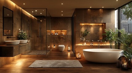 Fototapeta premium Modern Spa-Inspired Bathroom Interior with Natural Elements and Warm Lighting
