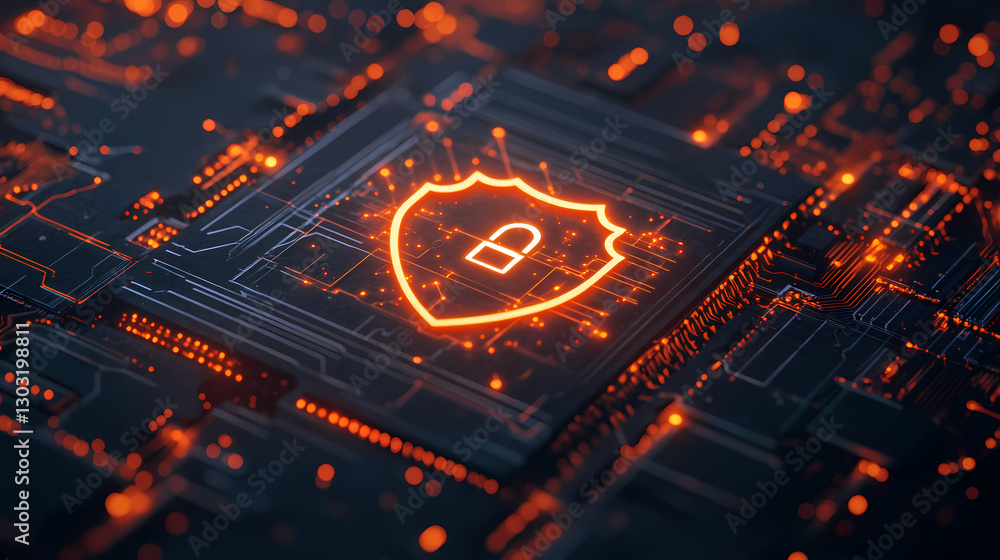 Poster digital fortress: an illuminated shield with a padlock symbol, integrated into a microchip, glows wi
