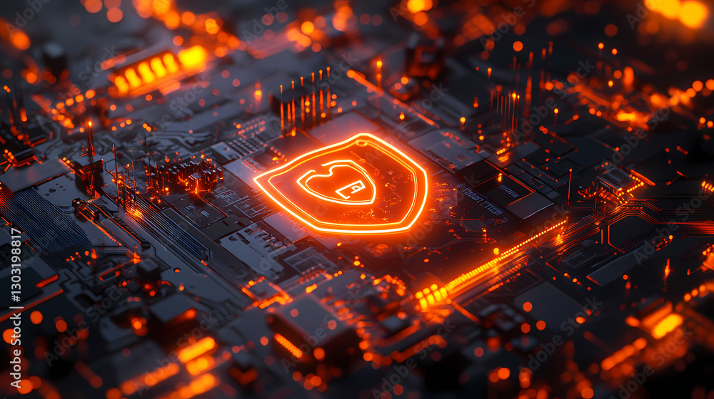 Poster cybersecurity shield: a glowing shield icon representing cybersecurity on a complex circuit board, t