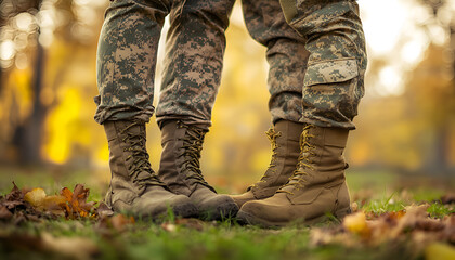 Military couple on sunny day in park, closeup