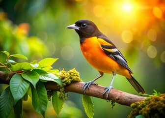 Vibrant Baltimore Oriole in Costa Rican Rainforest with Bokeh
