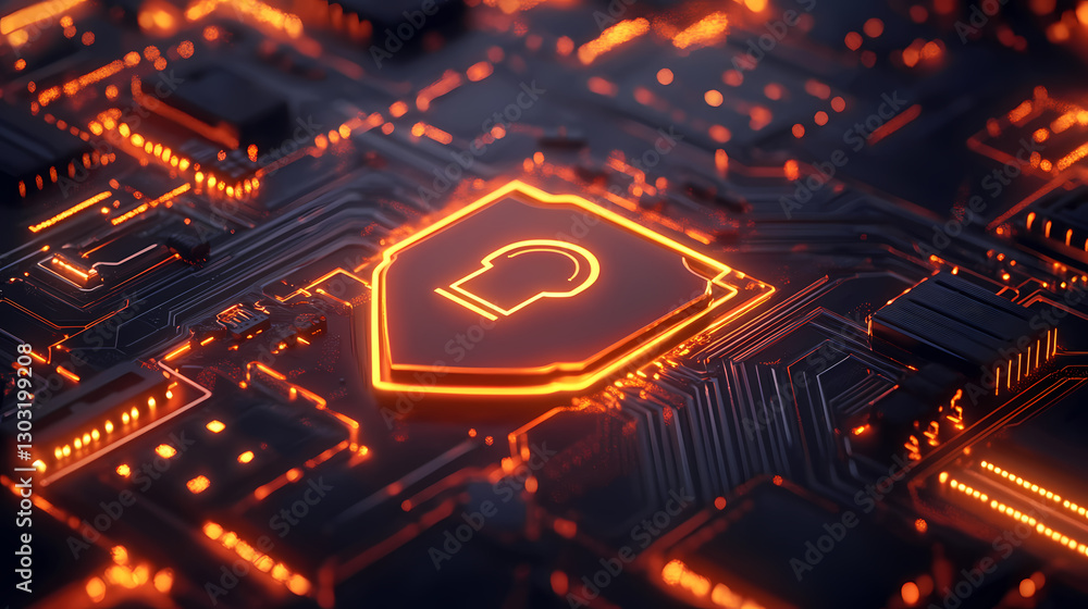 Poster cybersecurity shield: a glowing shield symbol on a detailed circuit board, representing data protect