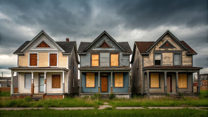Abandoned homes in disrepair with boarded up windows under cloudy sky. scene evokes sense of neglect and decay, highlighting impact of time on these structures