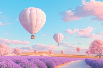 Obraz premium Floating hot air balloons over a dreamy lavender field during golden hour, soft pastel sky